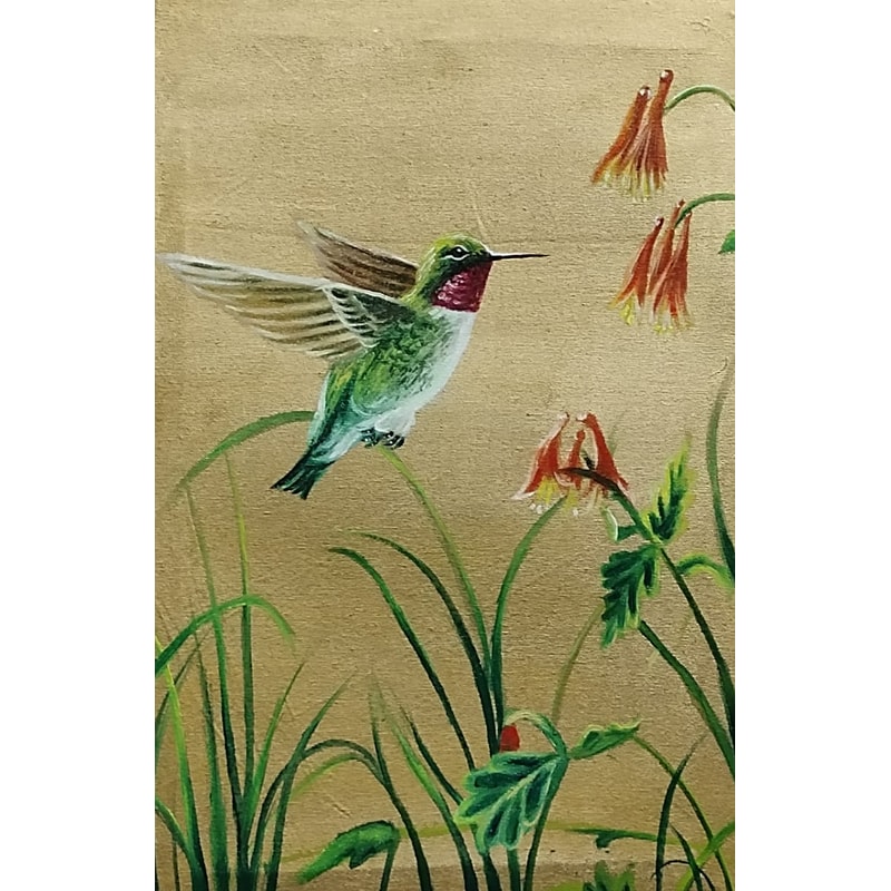 Green Sparrow And Leaves And Flowers 0