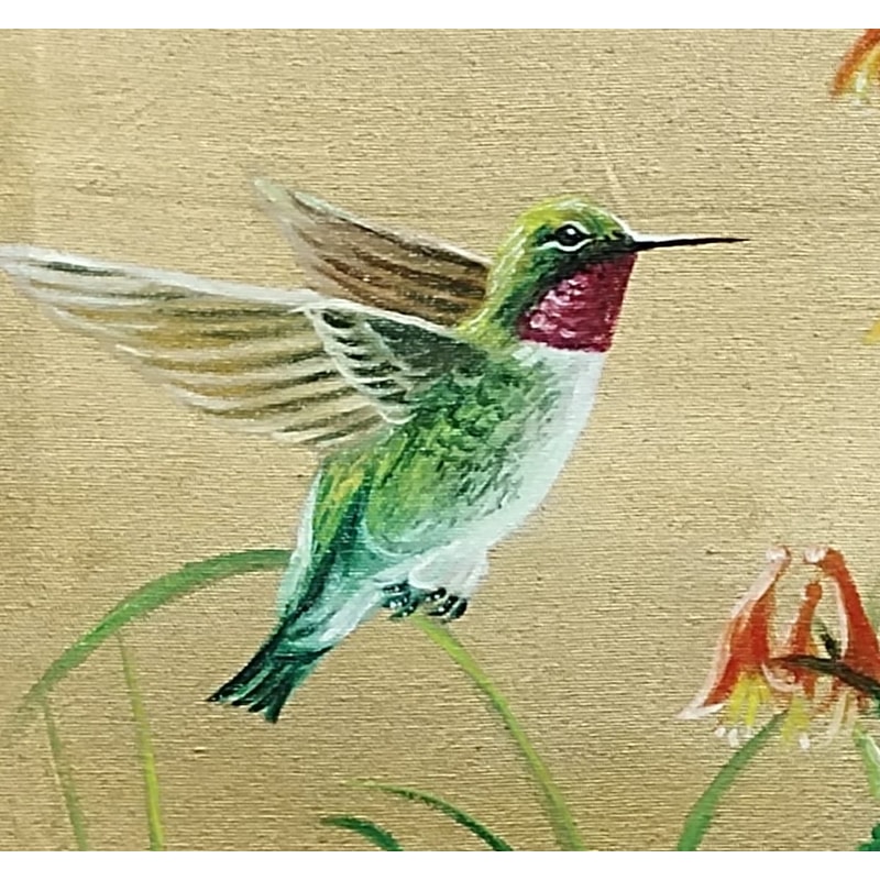 Green Sparrow And Leaves And Flowers 1