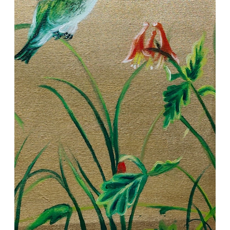 Green Sparrow And Leaves And Flowers 2