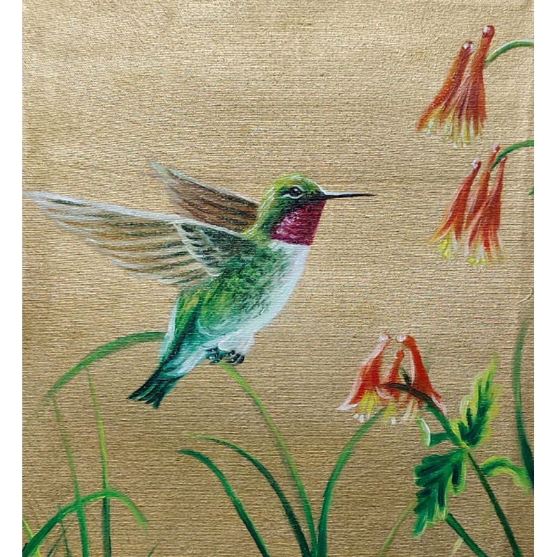 Green Sparrow And Leaves And Flowers 3