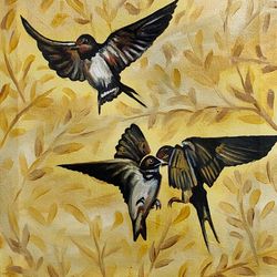 brown sparrow and leaves oil painting