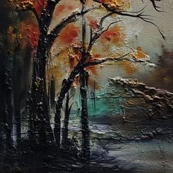 tree with orange leaves in the forest view oil painting