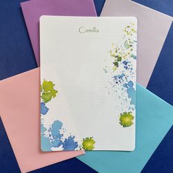personalized blue & green, abstract writing paper - set of 36