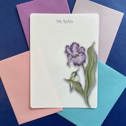 custom writing paper, hummingbird & purple iris - set of 36