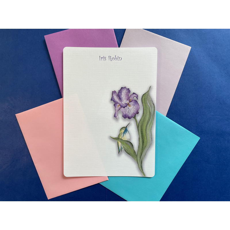 Custom Writing Paper Hummingbird  Purple Iris  Set Of 36 1