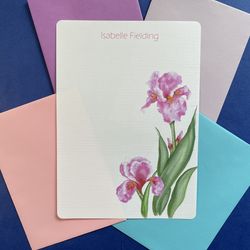 pink iris, personalized writing paper stationery - set of 36