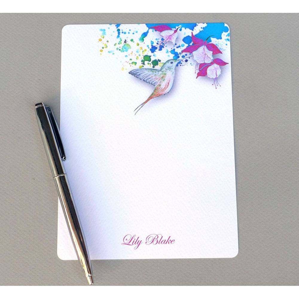 Hummingbird  Fuchsia Personalized Flat Note Card Stationery  Set Of 16 0