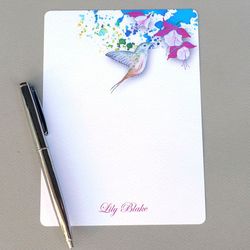 hummingbird & fuchsia, personalized flat note card stationery - set of 16