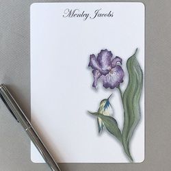 hummingbird & purple iris, personalized flat note card stationery - set of 16