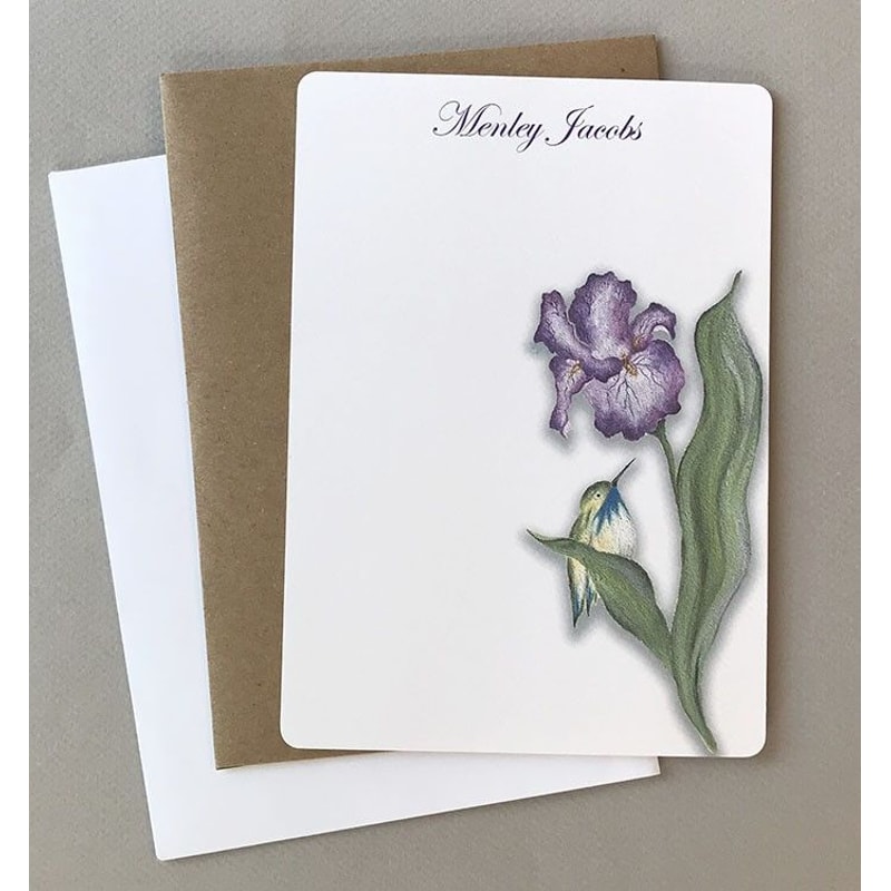 Hummingbird Purple Iris Personalized Flat Note Card Stationery Set Of 16 1