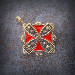 Handmade Red enamelled Maltese cross,Hospitallers brass Cross necklace pendant,octagonal knightly brass cross,red cross