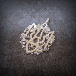 Trident in viburnum silver necklace pendant,ukrainian emblem tryzub,ukrainian symbol pendant,ukrainian silver jewelry