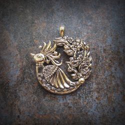 Handmade peacock brass Necklace pendant,Vintage brass Bird charm,handmade ukrainian jewellery,peacock bird jewellery