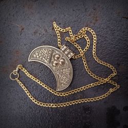 Large lunula bronze necklace pendant on chain,Handmade bronze womens amulet,ukrainian moon jewelry,fertility symbol