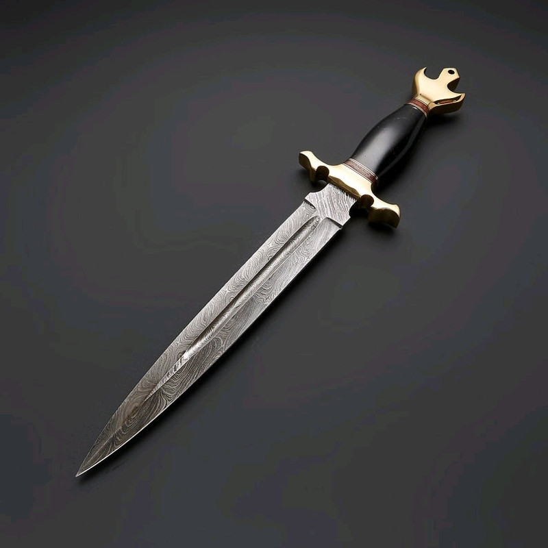 Handcrafted Damascus Steel Dagger Brass Guard Ebony Handle Leather Sheath 1