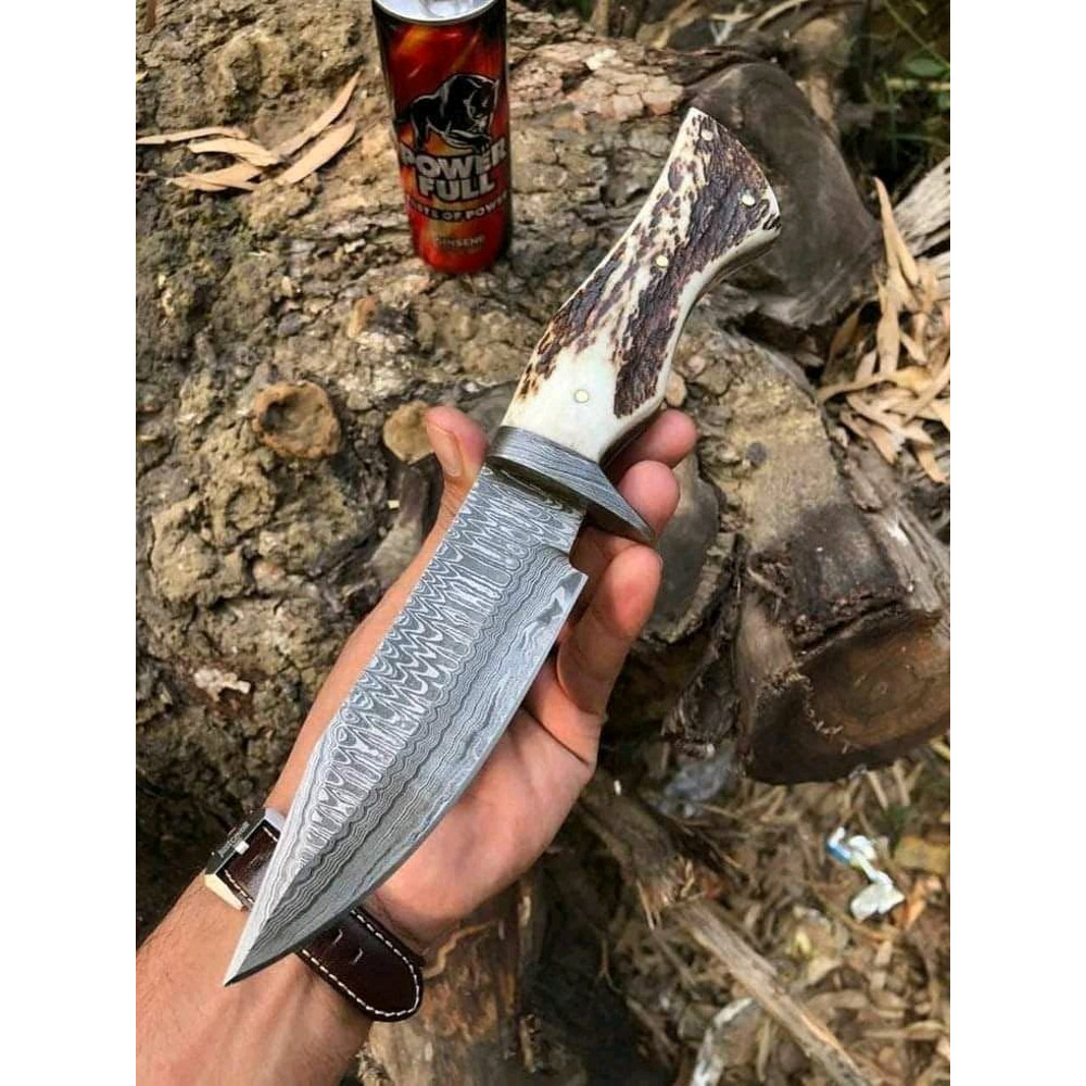 Handmade Damascus Steel Hunting Knife Deer Antler Handle RazorSharp Blade Leather Sheath Perfect F 0