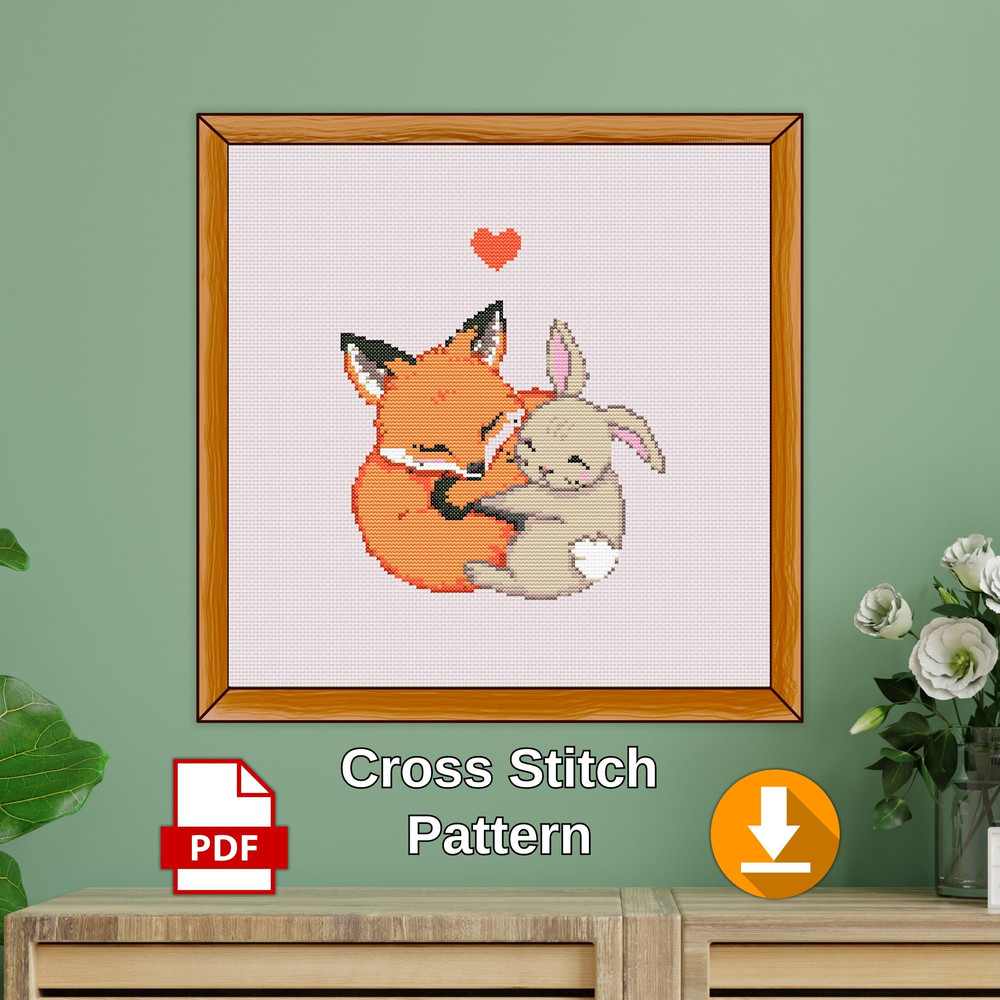 Fox And Bunny Cross Stitch Pattern PDF  Easter Rabbit Animal Easy Funny Heart Love Nursery Simple W 0