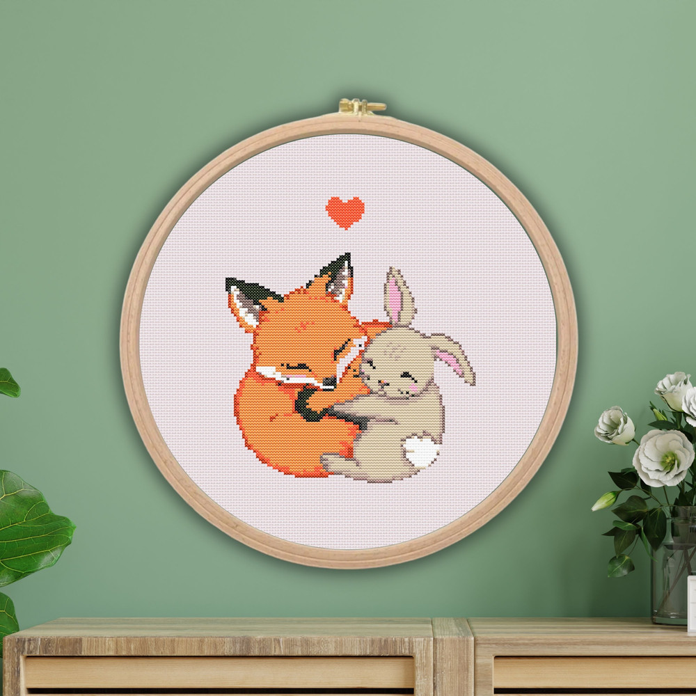 Fox And Bunny Cross Stitch Pattern PDF  Easter Rabbit Animal Easy Funny Heart Love Nursery Simple W 1