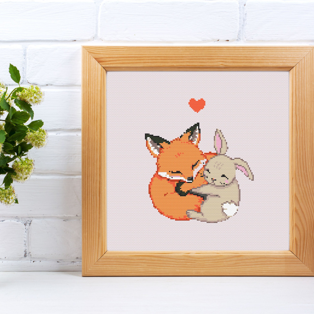 Fox And Bunny Cross Stitch Pattern PDF  Easter Rabbit Animal Easy Funny Heart Love Nursery Simple W 2