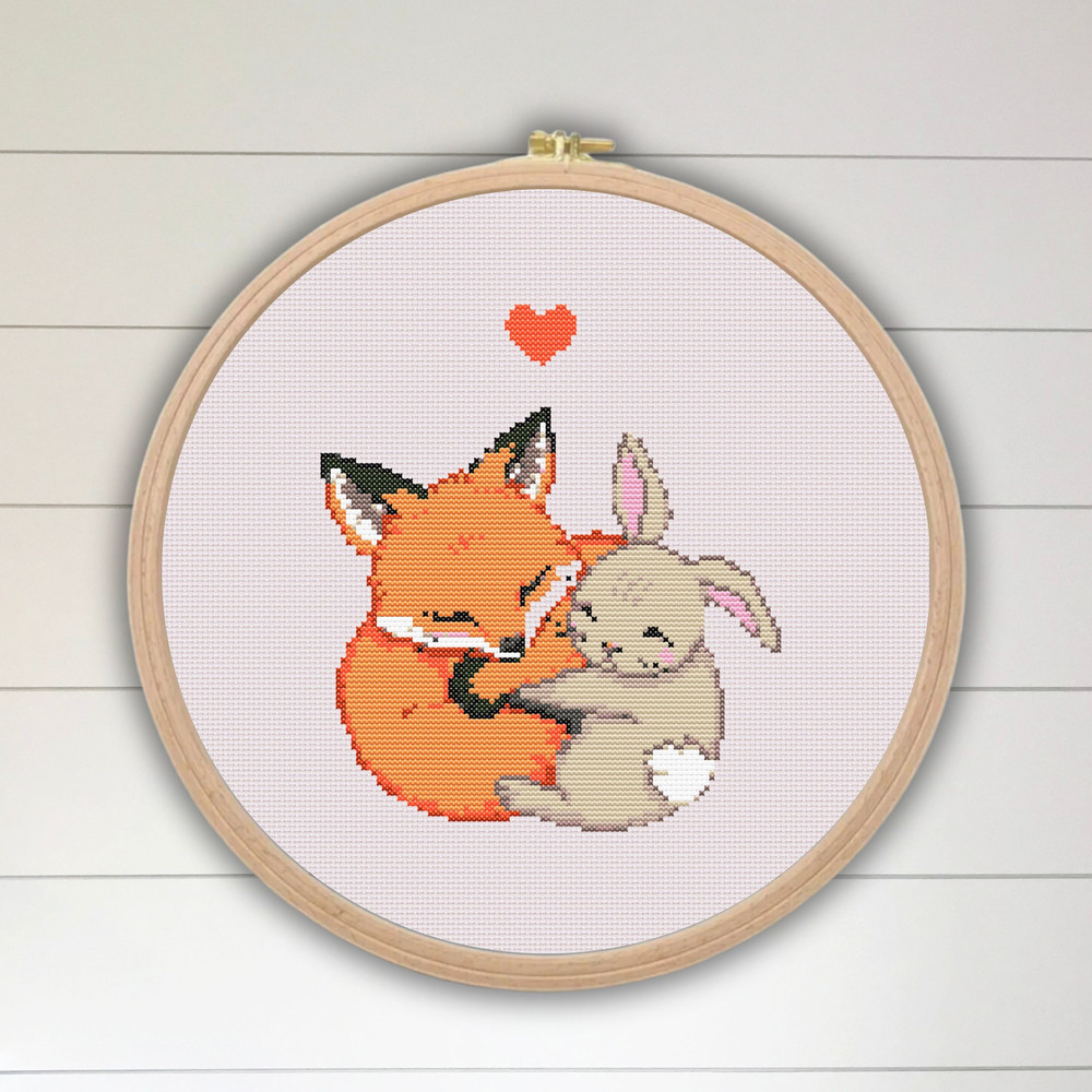 Fox And Bunny Cross Stitch Pattern PDF  Easter Rabbit Animal Easy Funny Heart Love Nursery Simple W 3