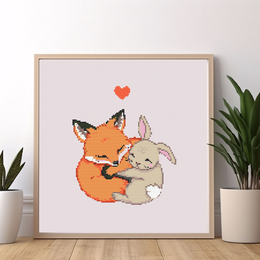 Fox And Bunny Cross Stitch Pattern PDF  Easter Rabbit Animal Easy Funny Heart Love Nursery Simple W 4