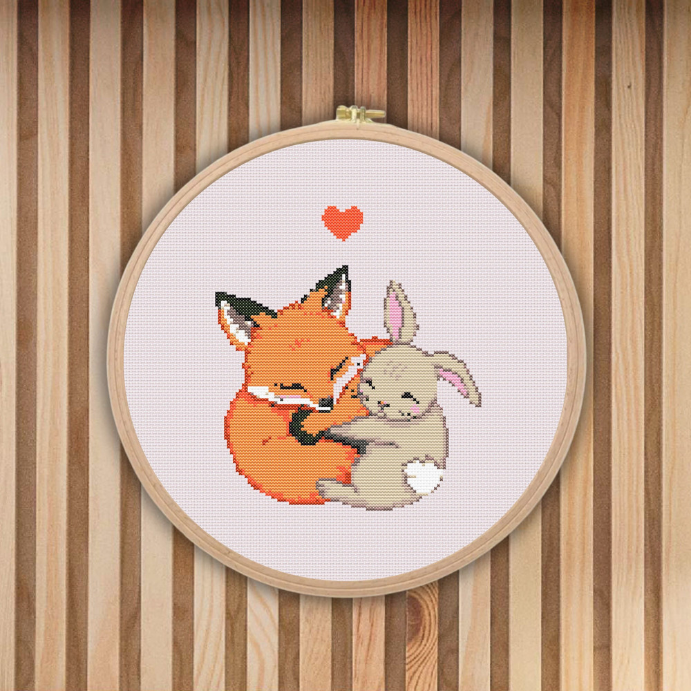 Fox And Bunny Cross Stitch Pattern PDF  Easter Rabbit Animal Easy Funny Heart Love Nursery Simple W 9
