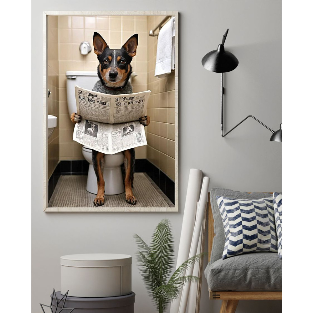 Australian Cattle Dog Sitting On The Toilet And Reading NewspapeFun Bathroom Wall Decor Fun And Qui 0