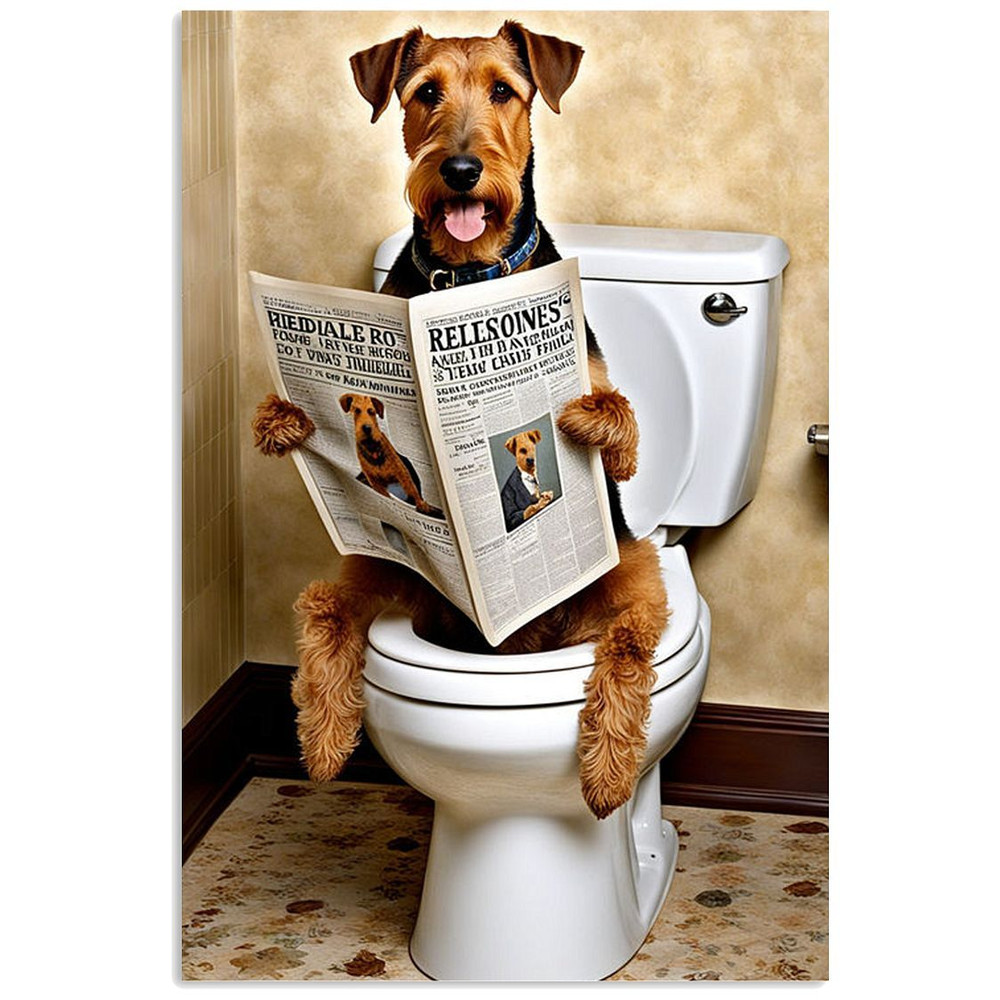 Airedale Terrier Sitting On The Toilet And Reading NewspaperFun Bathroom Wall Decor Fun And Quirky  0