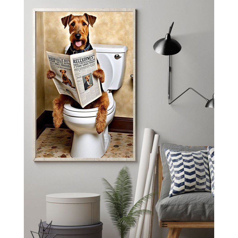 Airedale Terrier Sitting On The Toilet And Reading NewspaperFun Bathroom Wall Decor Fun And Quirky  1