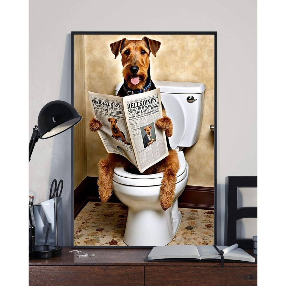 Airedale Terrier Sitting On The Toilet And Reading NewspaperFun Bathroom Wall Decor Fun And Quirky  2