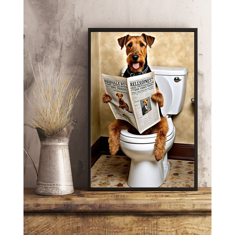 Airedale Terrier Sitting On The Toilet And Reading NewspaperFun Bathroom Wall Decor Fun And Quirky  3