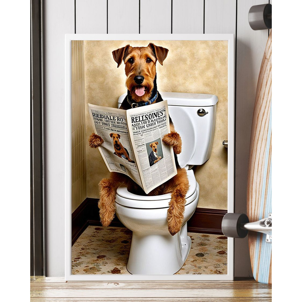 Airedale Terrier Sitting On The Toilet And Reading NewspaperFun Bathroom Wall Decor Fun And Quirky  4
