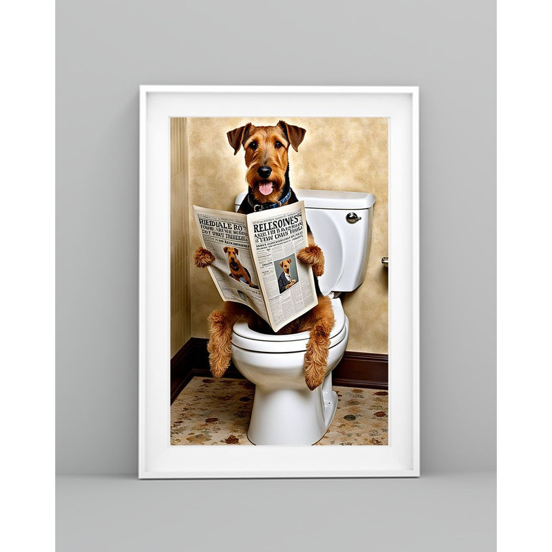 Airedale Terrier Sitting On The Toilet And Reading NewspaperFun Bathroom Wall Decor Fun And Quirky  5