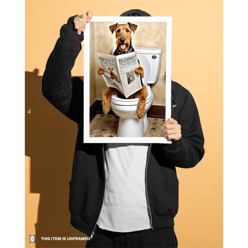 Airedale Terrier Sitting On The Toilet And Reading NewspaperFun Bathroom Wall Decor Fun And Quirky  6