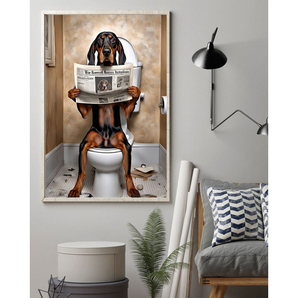 American Black And Tan Coonhound Sitting On The Toilet And Reading Newspaper Fun And Quirky Animal  0
