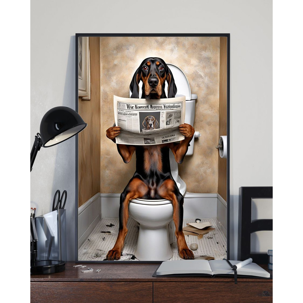 American Black And Tan Coonhound Sitting On The Toilet And Reading Newspaper Fun And Quirky Animal  2