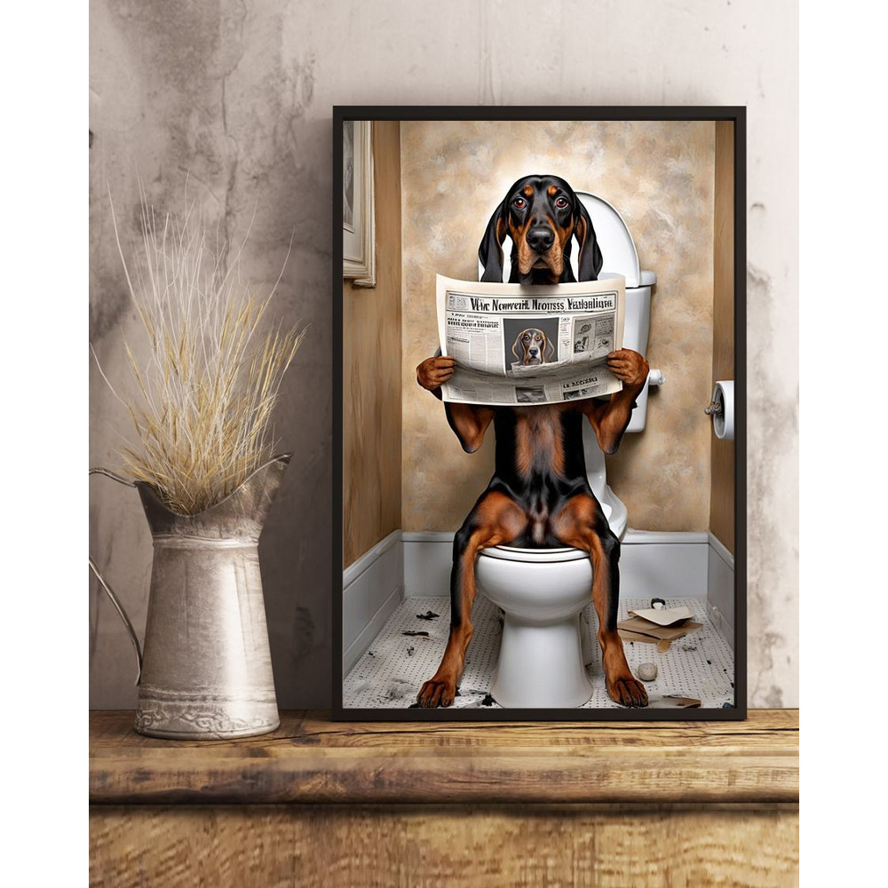 American Black And Tan Coonhound Sitting On The Toilet And Reading Newspaper Fun And Quirky Animal  3