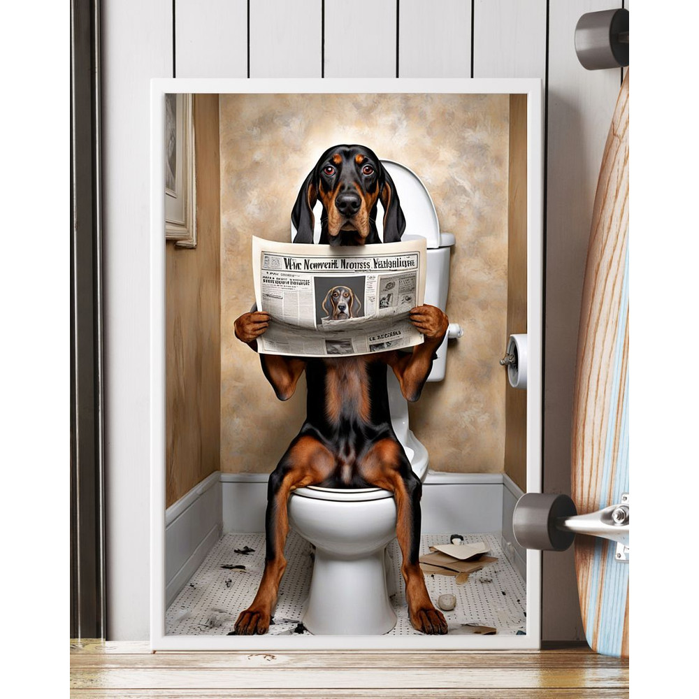 American Black And Tan Coonhound Sitting On The Toilet And Reading Newspaper Fun And Quirky Animal  4