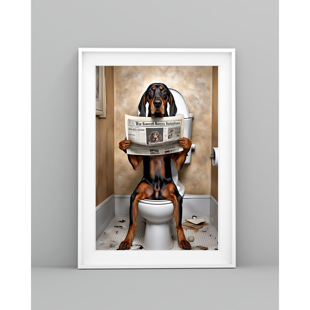 American Black And Tan Coonhound Sitting On The Toilet And Reading Newspaper Fun And Quirky Animal  5