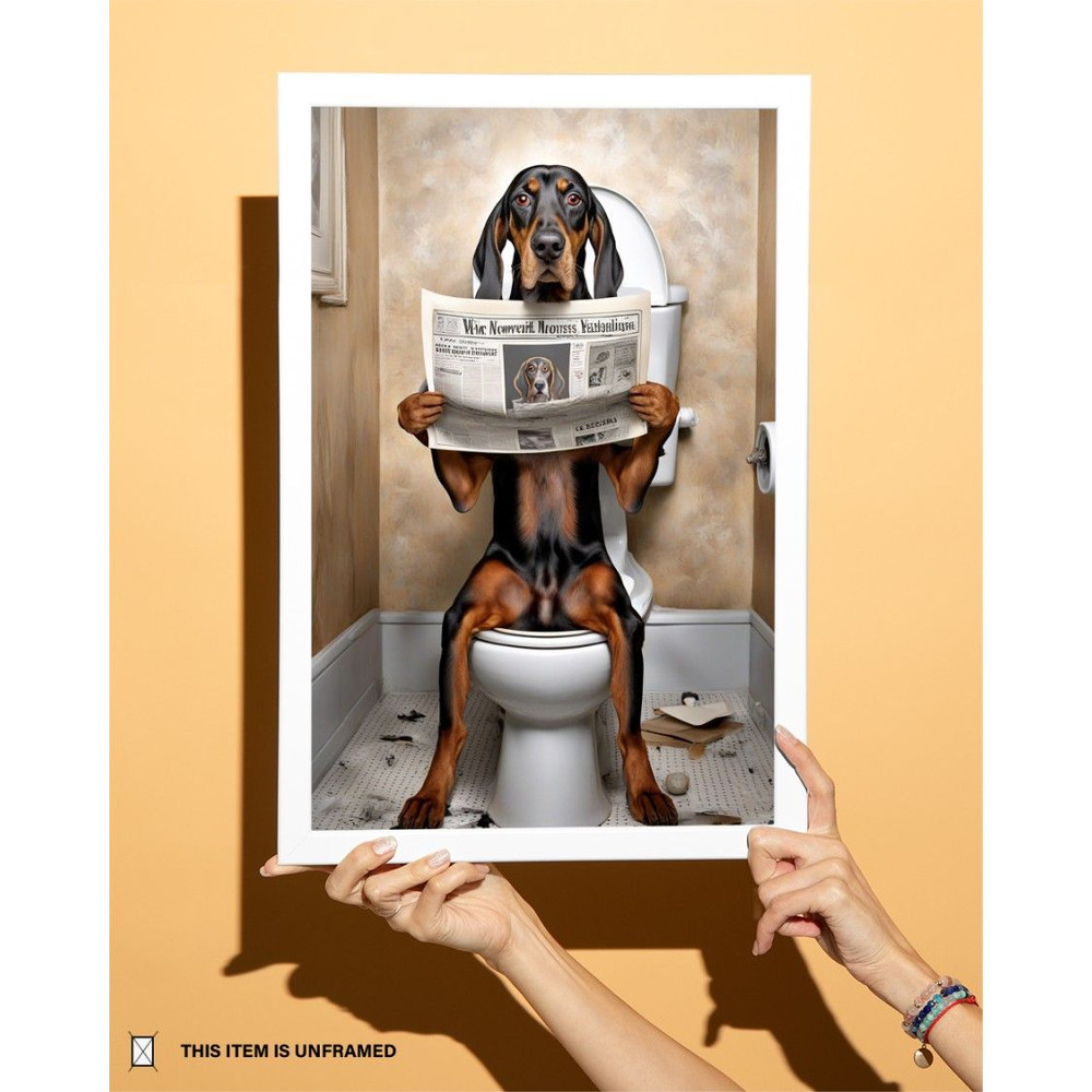 American Black And Tan Coonhound Sitting On The Toilet And Reading Newspaper Fun And Quirky Animal  6