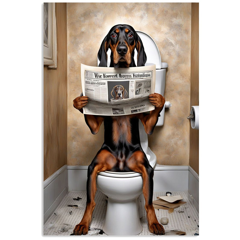 American Black And Tan Coonhound Sitting On The Toilet And Reading Newspaper Fun And Quirky Animal  1