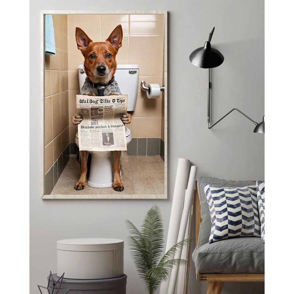 Australian Cattle Dog Sitting On The Toilet And Reading Newspaper Fun And Quirky Animal Prints 0