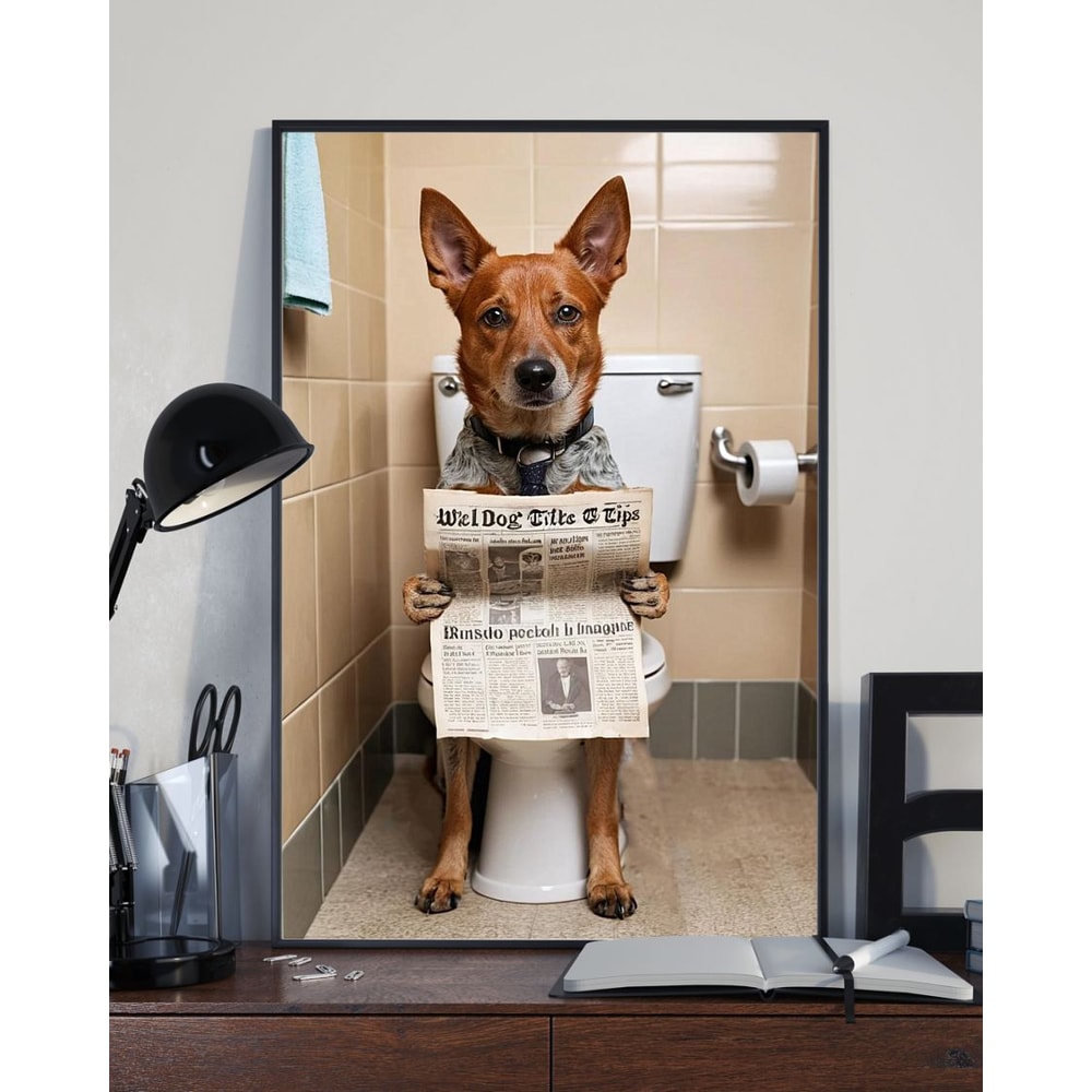 Australian Cattle Dog Sitting On The Toilet And Reading Newspaper Fun And Quirky Animal Prints 2