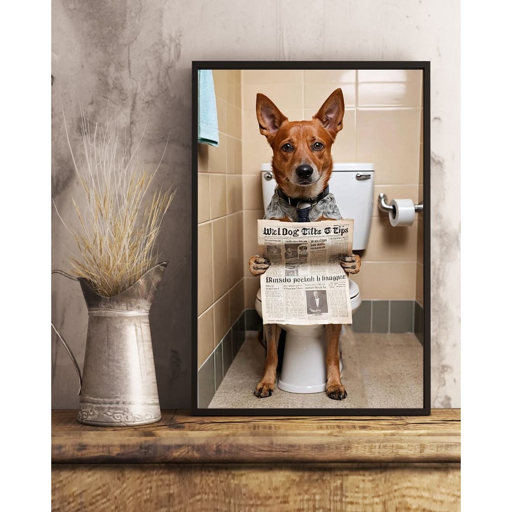 Australian Cattle Dog Sitting On The Toilet And Reading Newspaper Fun And Quirky Animal Prints 3