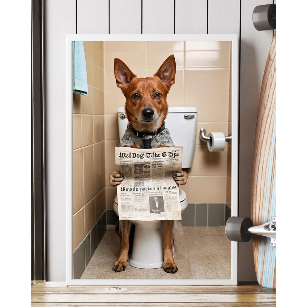 Australian Cattle Dog Sitting On The Toilet And Reading Newspaper Fun And Quirky Animal Prints 1