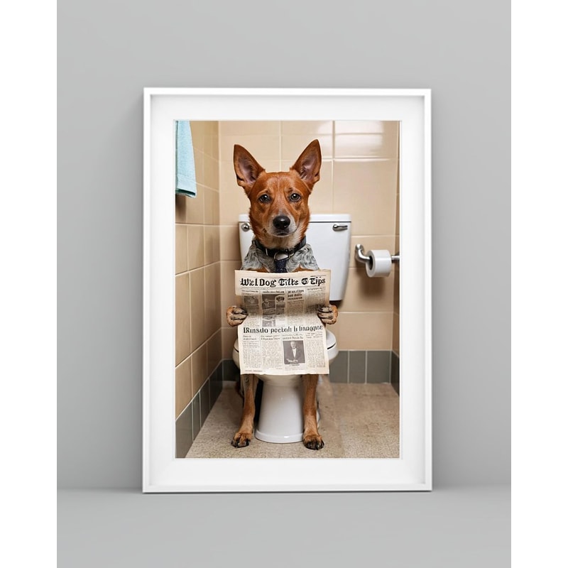 Australian Cattle Dog Sitting On The Toilet And Reading Newspaper Fun And Quirky Animal Prints 4