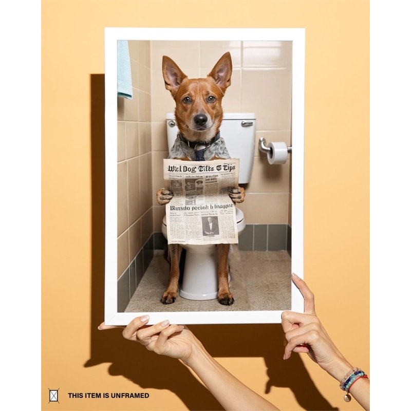Australian Cattle Dog Sitting On The Toilet And Reading Newspaper Fun And Quirky Animal Prints 5