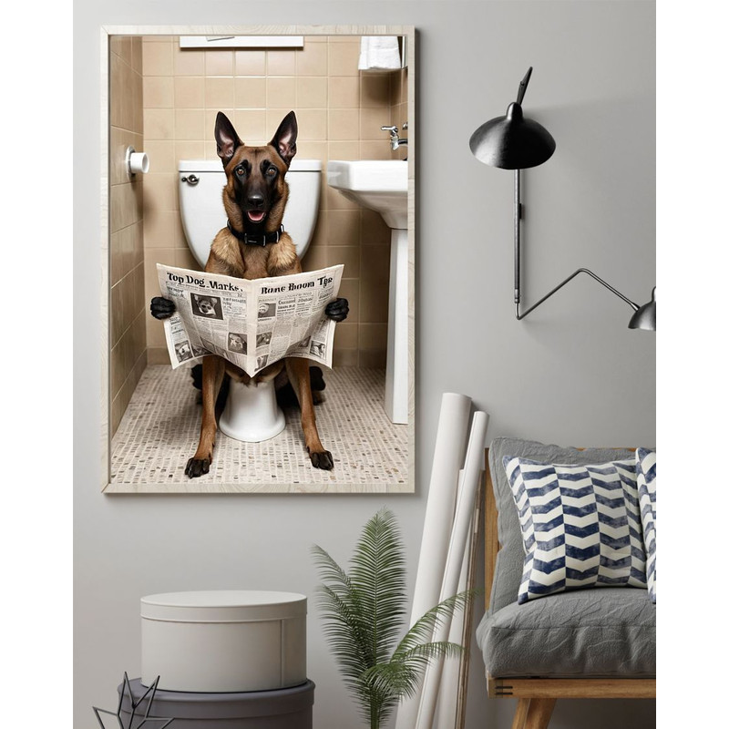 Belgian Shepherd Sitting On The Toilet And Reading NewspaperFun And Quirky Animal Prints 0