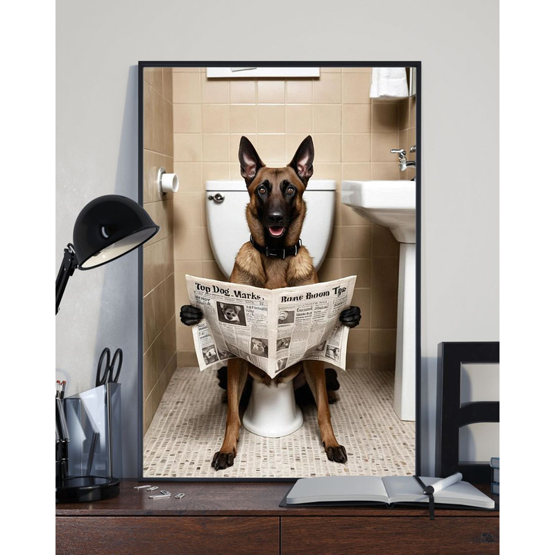 Belgian Shepherd Sitting On The Toilet And Reading NewspaperFun And Quirky Animal Prints 2