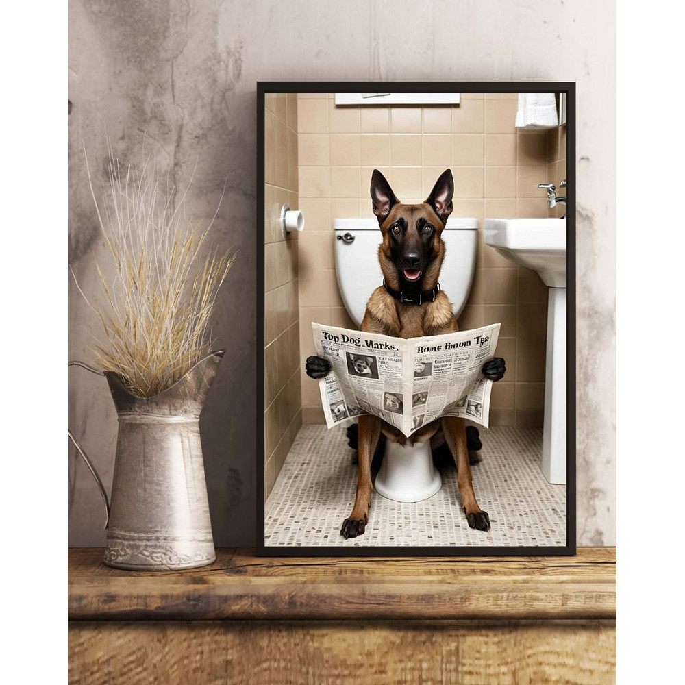Belgian Shepherd Sitting On The Toilet And Reading NewspaperFun And Quirky Animal Prints 3